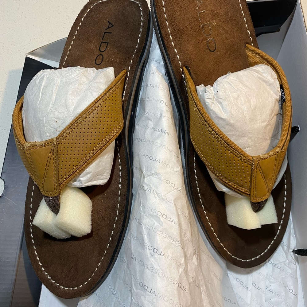 Aldo Mustard and Brown Slide Sandals